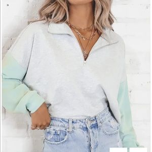 Blue Blush Gray and Pistachio Color Block Top